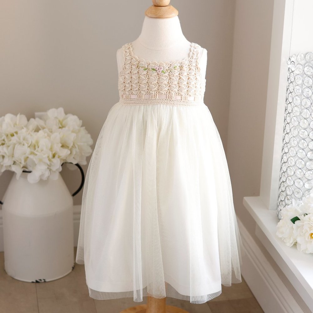 Ivory Tulle & Cotton Crochet Boutique Couture Dress Size 2 Special Occasion NWOT